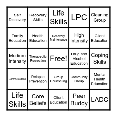 Recovery Bingo Card