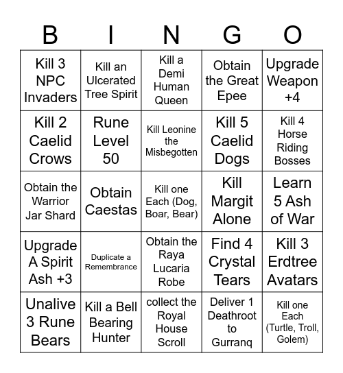 Elden Ring (Easy/beginner) Bingo Card