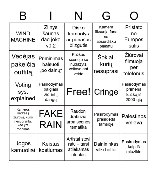 Eurovision semi -final 2 Bingo Card