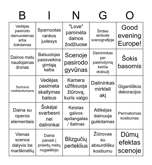 Eurovizija'25 Bingo Card