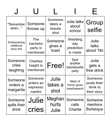 Julies Bachelorette Bingo!!! Bingo Card