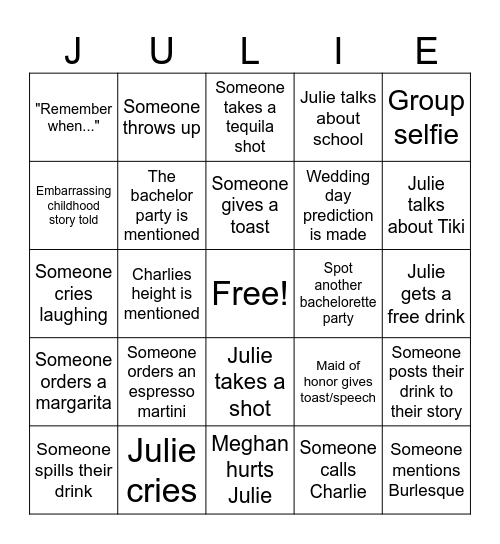 Julies Bachelorette Bingo!!! Bingo Card