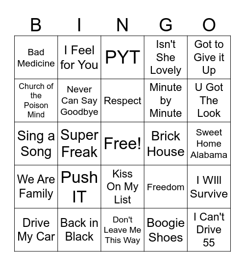 70s and 80s Musical Bingo Card