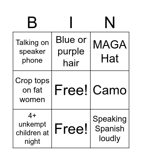 Walmart People Watching Bingo Card