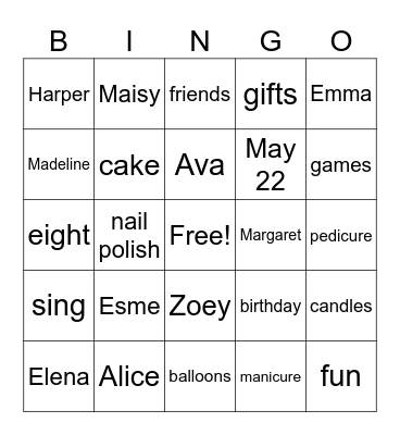 Esme's Birthday Bingo Card