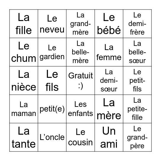 LA FAMILLE Bingo Card