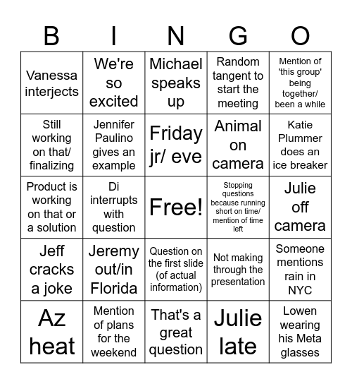 AM/MA meeting Bingo Card
