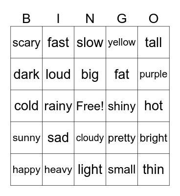 Adjectives Bingo Card