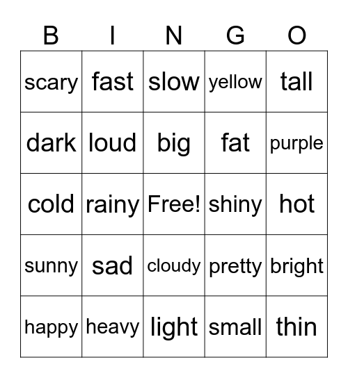 Adjectives Bingo Card
