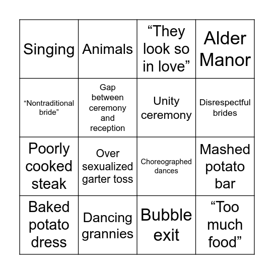 Four Weddings Bingo Card