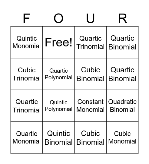 Classifying Polynomials Bingo Card