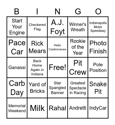 Indy 500 Bingo Card
