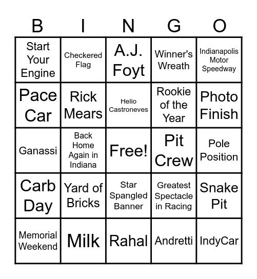 Indy 500 Bingo Card