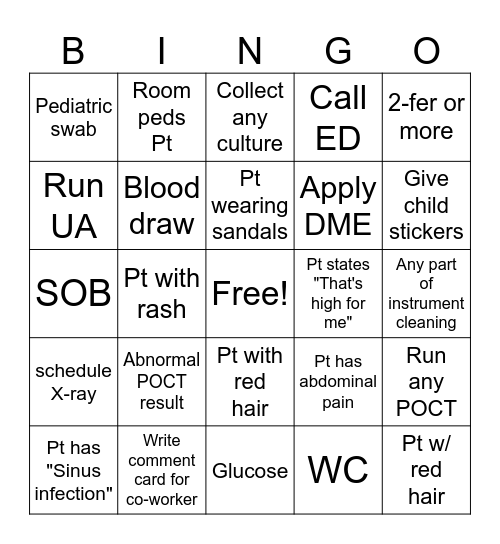 Camas Urgent Care Bingo Card