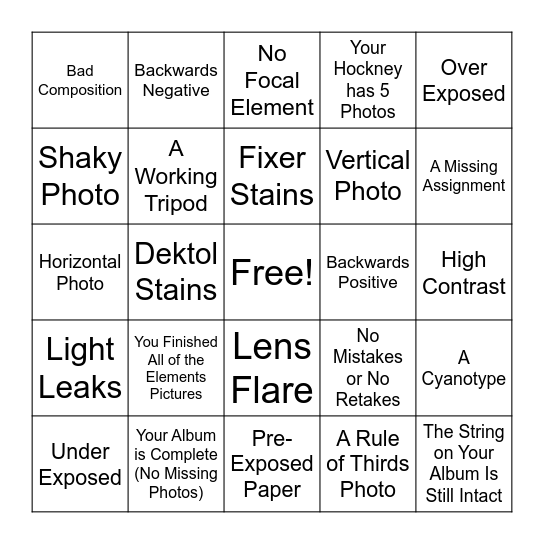 PHOTO 1 BINGO! Bingo Card