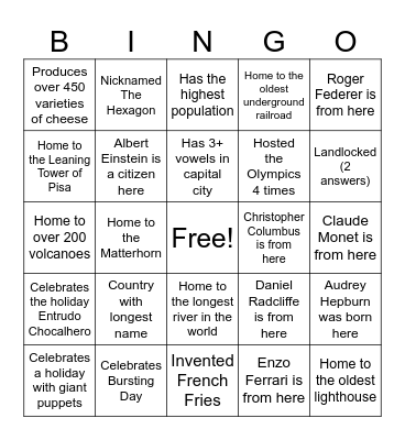 5th/6th Countries Bingo Card