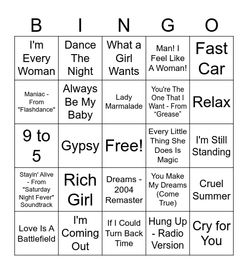 Musical Bingo Card