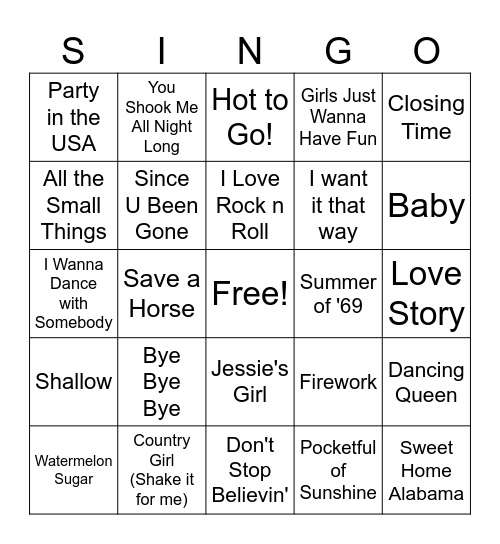 Karaoke Hits Bingo Card