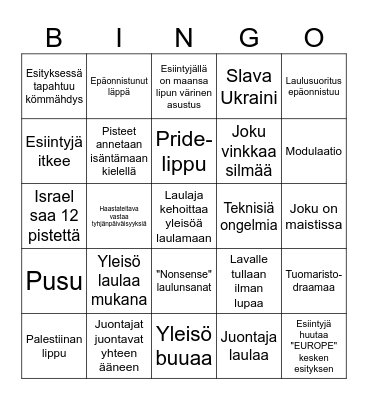 Euroviisu Bingo Card