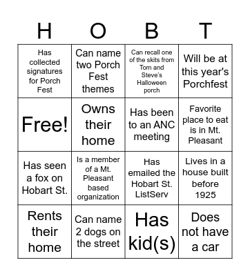 Hobart St. Bingo Card