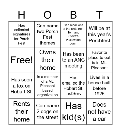 Hobart St. Bingo Card