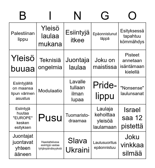 Euroviisu Bingo Card