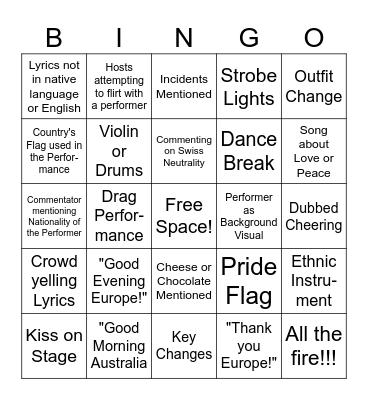 Eurovision Semi Final 2 Bingo Card