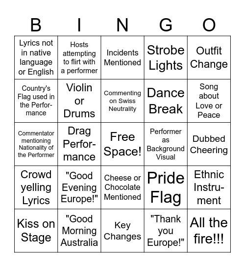 Eurovision Semi Final 2 Bingo Card