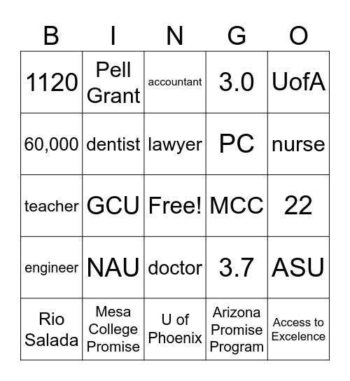College Bingo Card