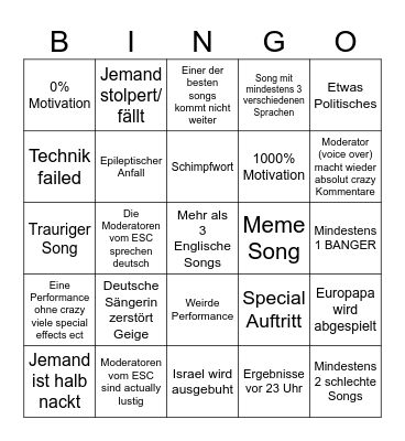 Eurovision Halb Finale 2 Bingo Card