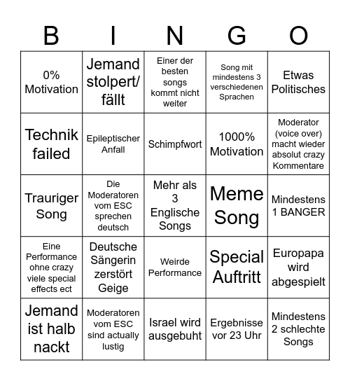 Eurovision Halb Finale 2 Bingo Card