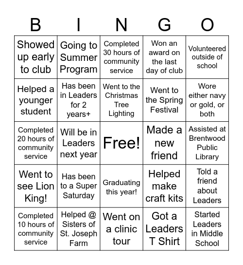 Leaders Bingo Card