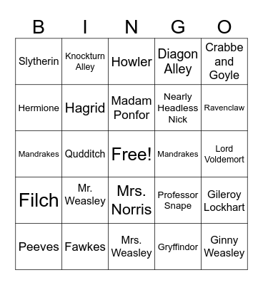 Harry Potter and the Chamber of Secrets Bingo Card