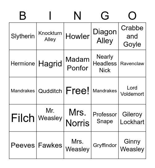 Harry Potter and the Chamber of Secrets Bingo Card