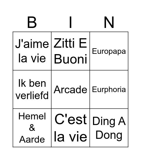 Eurovision Bingo Card