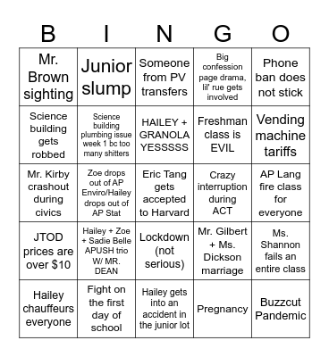 Junior Year Bingo Card