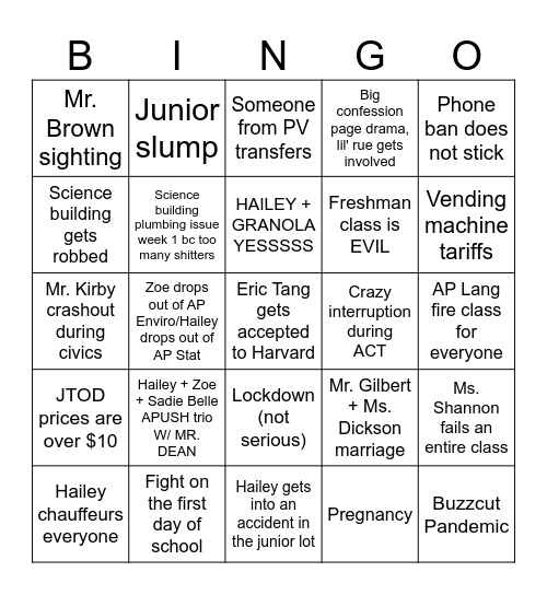 Junior Year Bingo Card