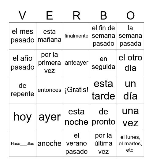 Preterite Clue Words Bingo Card