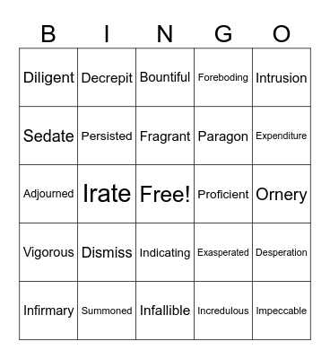 Lyddie Vocabulary Bingo Card