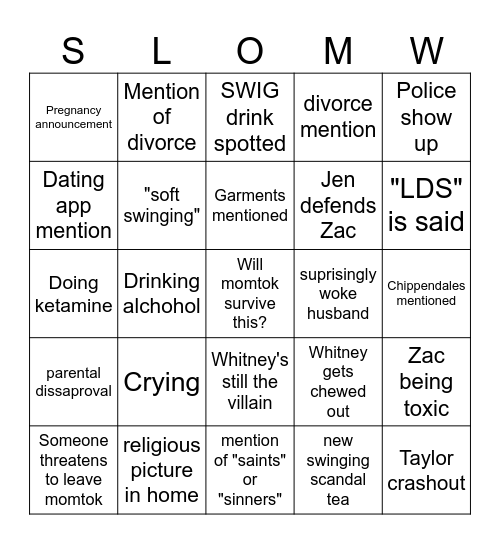 Secret Lives of Mormon Wives s2 Bingo Card