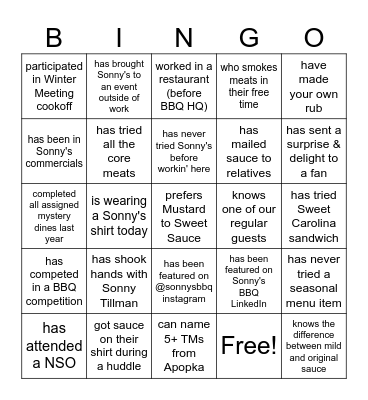 Find Someone Who... Sonny's BBQ Addition Bingo Card