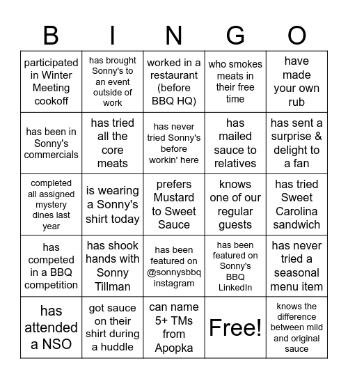 Find Someone Who... Sonny's BBQ Addition Bingo Card