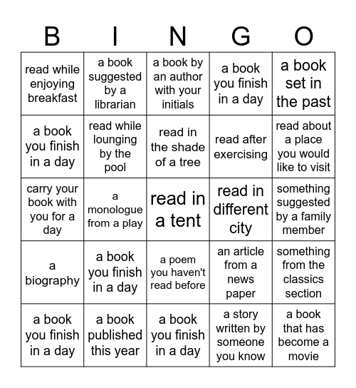 VillaSport Teen Summer Reading Challenge! Bingo Card