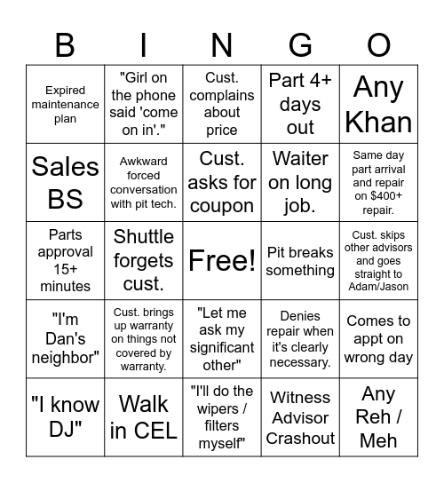 Advisor Bingo Card