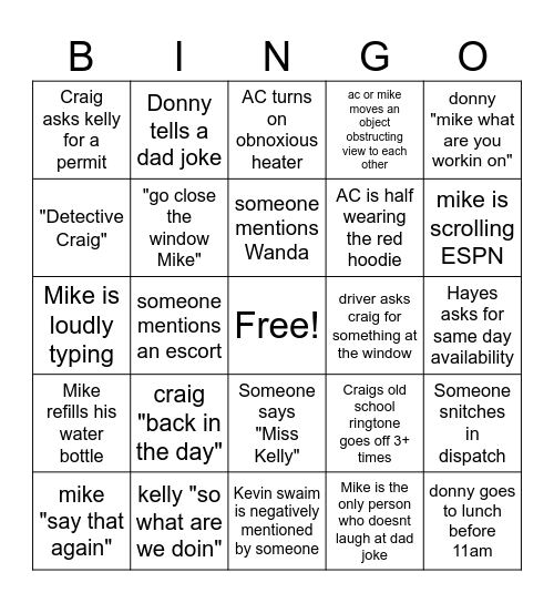 DISPATCH BINGO Card