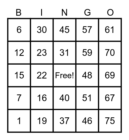 Single or 4 corners Bingo Card