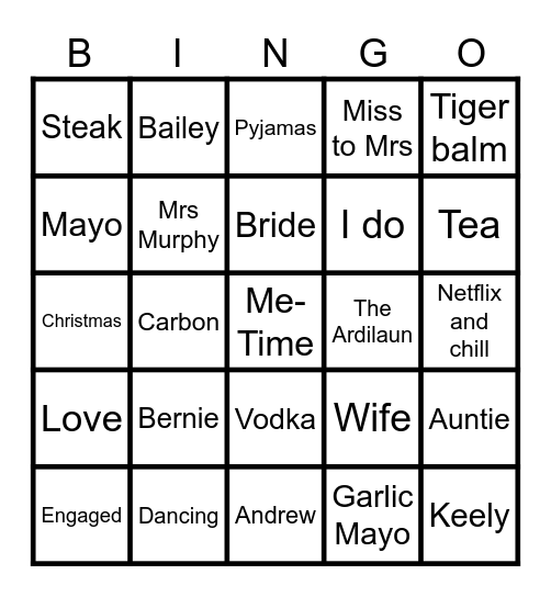 Rachel's Hen Bingo Card