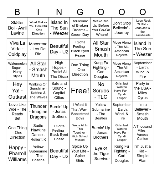 6th Grade Musical Bingo Card