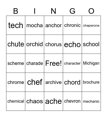 Ch says /sh/ and /k/ Bingo Card