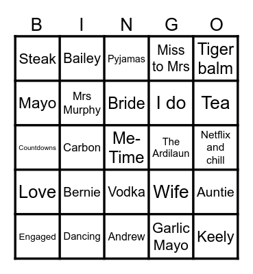 Rachel's Hen Bingo Card